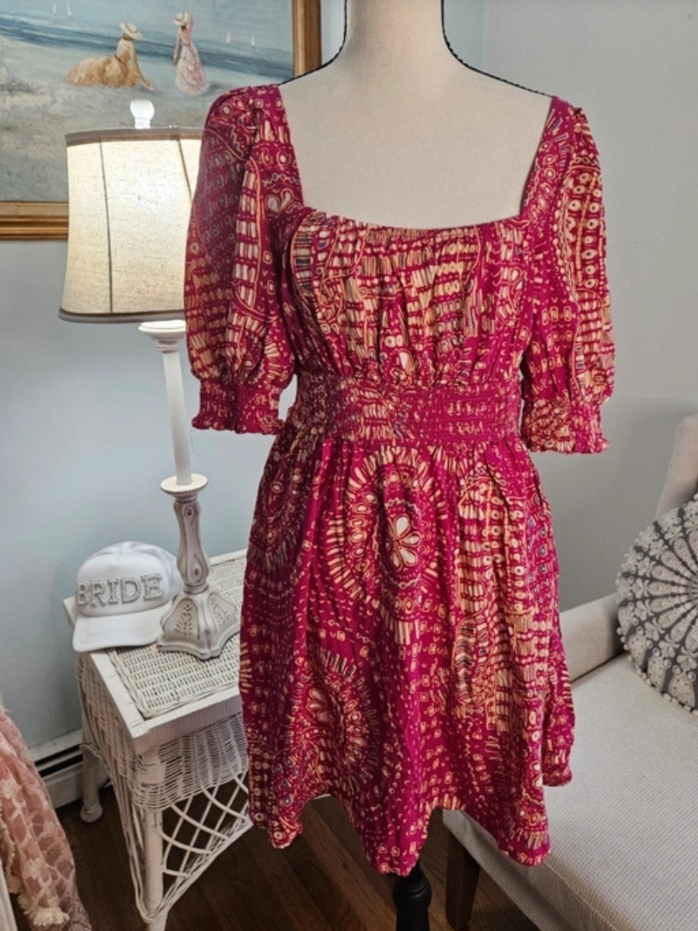 Cupshe Fuchsia Printed Smocked Square-Neck Mini Dress. Boho
